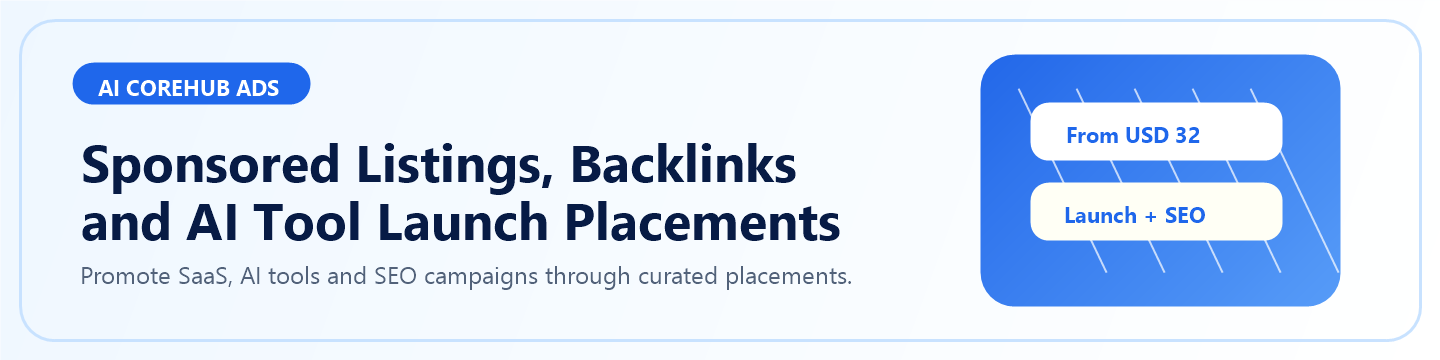 AI CoreHub sponsored listings, backlinks and launch placements banner